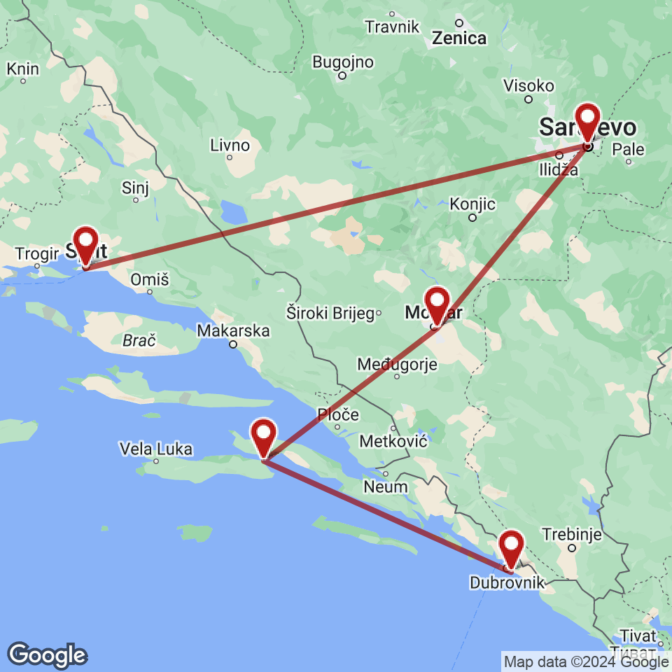 Route for Dubrovnik, Korcula, Mostar, Sarajevo, Split tour